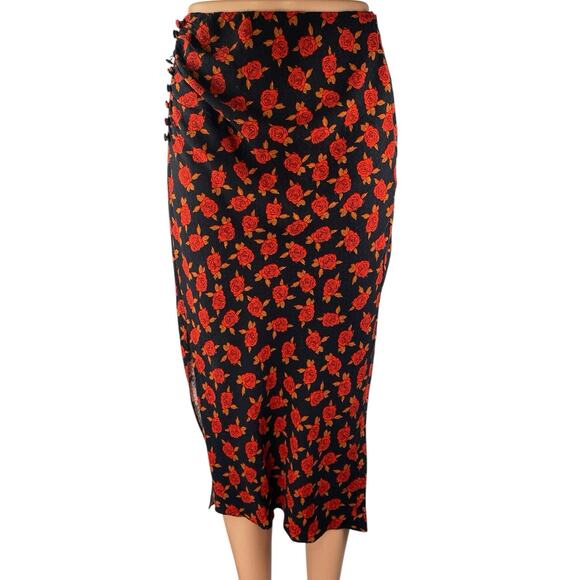 Urban Outfitters Black Multicolor Floral Roses Side Slip Midi Slip Skirt Size S - Picture 1 of 4